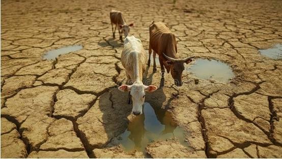 Bovins étiques buvant dans une flaque au milieu d'un sol craquelé par la sécheresse