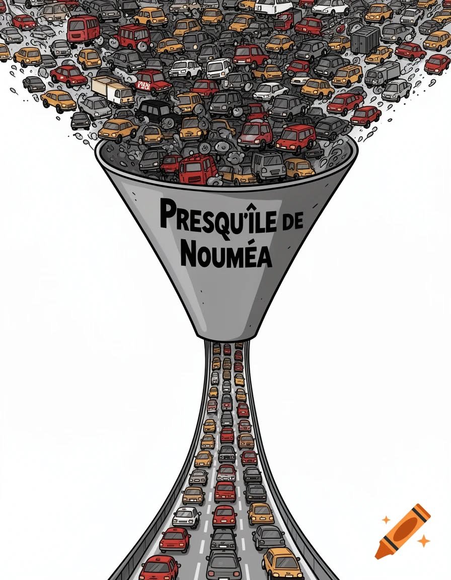 Illustration d'un entonnoir routier saturé de voitures étiqueté « Presqu'île de Nouméa », symbolisant l'engorgement du trafic vers Nouméa